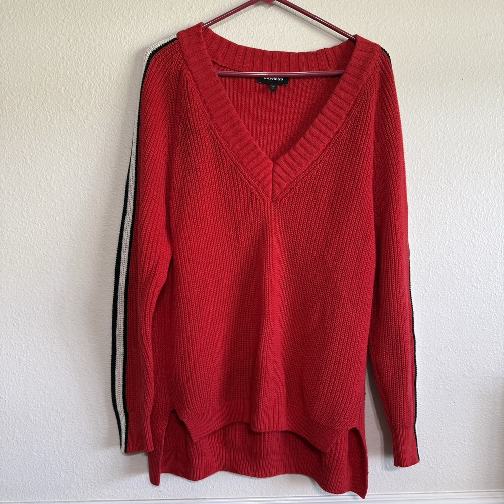 Vintage Express Red Deep V-neck Sweater‎ Racer Stripe Sleeve Oversized Small